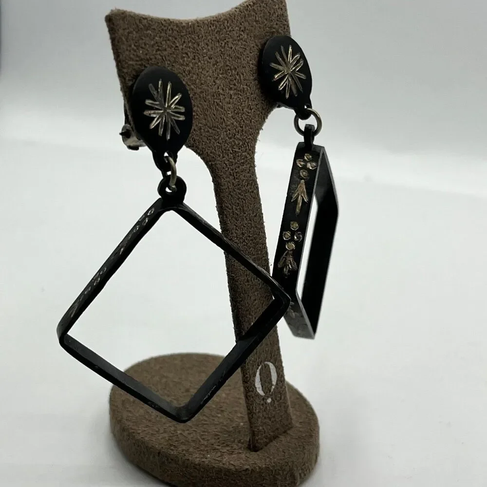 Vintage 1960s black and silver etched abstract clip on Earrings